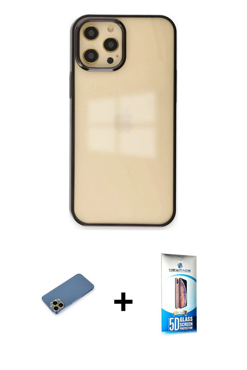 ieg™ iPhone 12 Pro Max Kılıf Doruk Doku Prime - Siyah 5D Eko Cam Ekran Koruyucu + Gold Shine Kamera