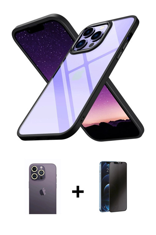 ieg™ iPhone 13 Pro Max Kılıf Nova Işık Serisi - Siyah 3D Antistatik Hayalet Cam Ekran Koruyucu + Bey