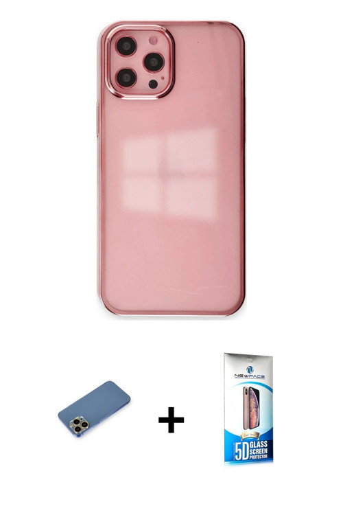 ieg™ iPhone 12 Pro Max Kılıf Doruk Doku Prime - Siyah 5D Eko Cam Ekran Koruyucu + Gold Shine Kamera