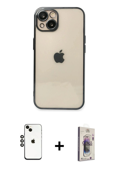 ieg™ iPhone 14 Kılıf Vadi Minimal - Siyah Bilvis 3D Cam Ekran Koruyucu + Siyah Shine Kamera Lens