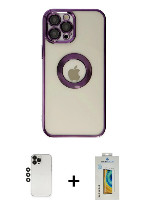 ieg™ iPhone 12 Pro Kılıf Pusula Form - Siyah Polymer Nano Ekran Koruyucu + Siyah Shine Kamera Lens