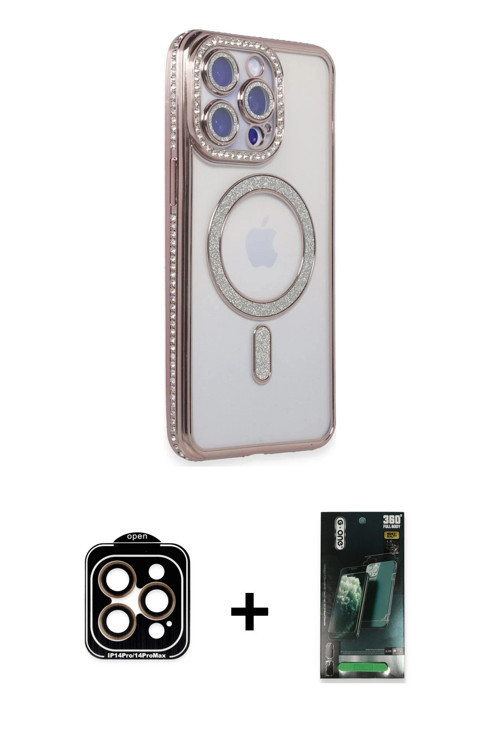 ieg™ iPhone 14 Pro Max Kılıf Zirve Doku Prime - Şeffaf 360 Full Body Arka Koruyucu + Turuncu PVD Met