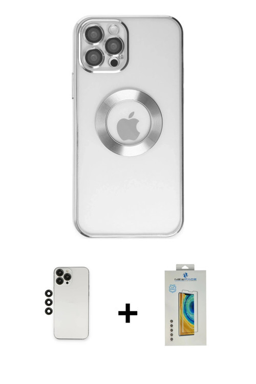 ieg™ iPhone 12 Pro Kılıf Pusula Form - Siyah Polymer Nano Ekran Koruyucu + Siyah Shine Kamera Lens