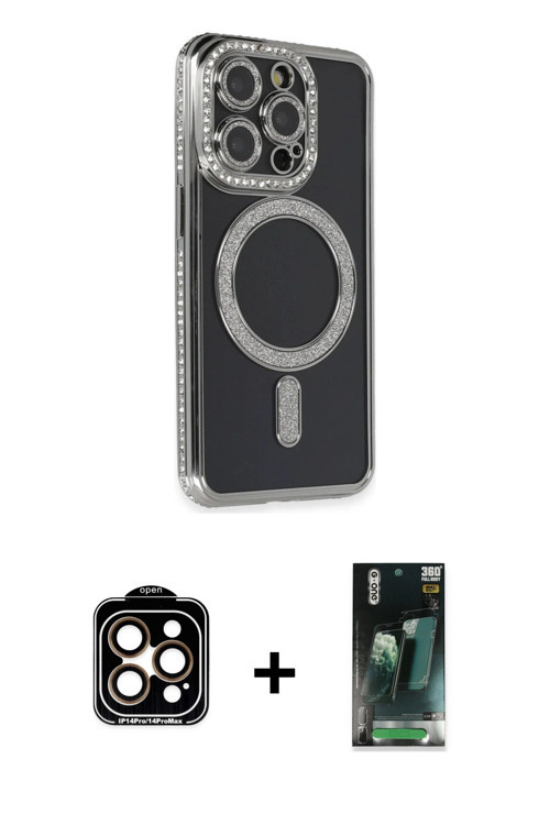 ieg™ iPhone 14 Pro Max Kılıf Zirve Doku Prime - Şeffaf 360 Full Body Arka Koruyucu + Turuncu PVD Met