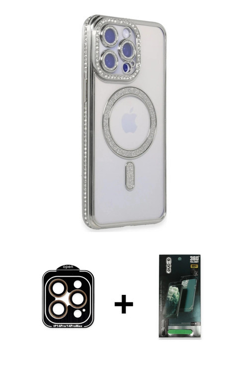 ieg™ iPhone 14 Pro Max Kılıf Zirve Doku Prime - Şeffaf 360 Full Body Arka Koruyucu + Turuncu PVD Met