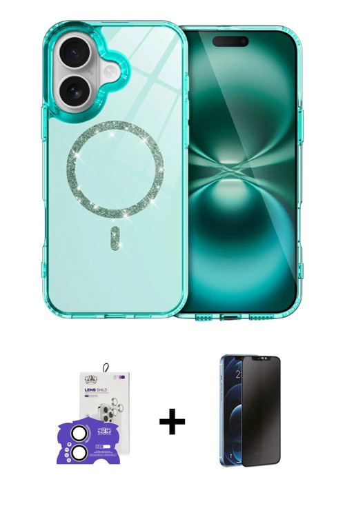 ieg™ iPhone 17 Kılıf Kıvılcım Form Prime - Siyah 3D Antistatik Hayalet Cam Ekran Koruyucu + Açık Yeş