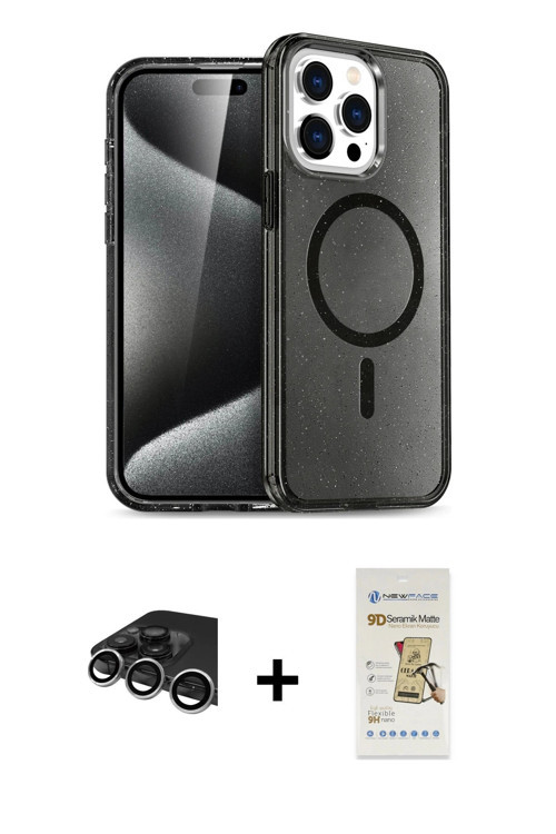 ieg™ iPhone 14 Pro Max Kılıf Nova Asil Prime - Siyah Mat Seramik Nano Ekran Koruyucu + Gümüş Raze Me