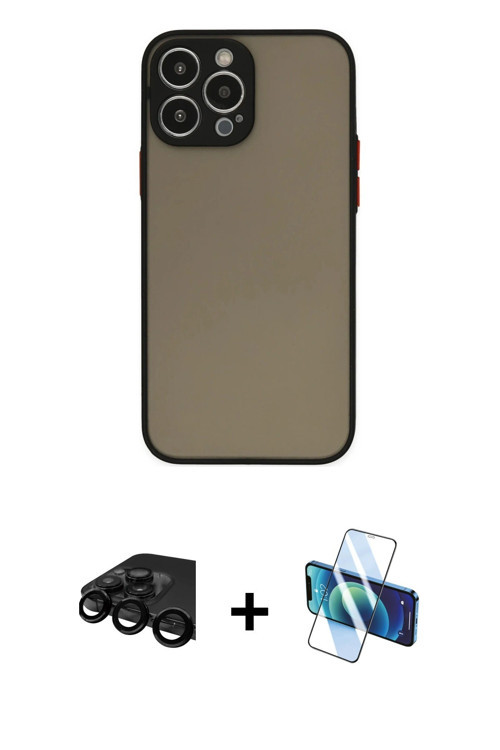 ieg™ iPhone 15 Pro Max Kılıf Ahenk Çizgi Serisi - Siyah 3D Antistatik Cam Ekran Koruyucu + Siyah Raz