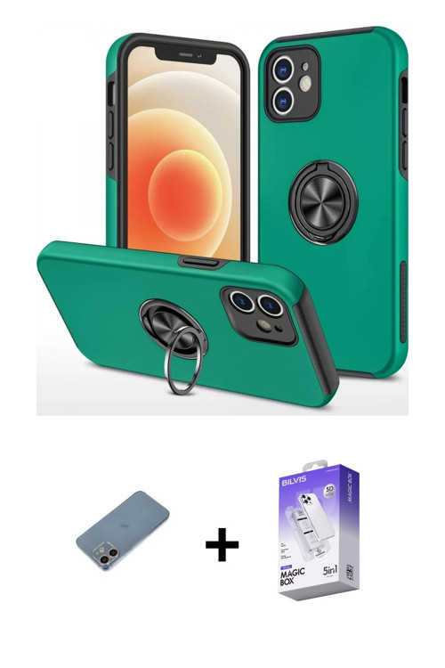 ieg™ iPhone 12 Kılıf Odak Form Prime - Siyah Bilvis 5in1 3D Magic Cam Ekran Koruyucu + Gökkuşağı Shi