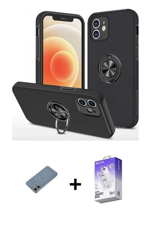 ieg™ iPhone 12 Kılıf Odak Form Prime - Siyah Bilvis 5in1 3D Magic Cam Ekran Koruyucu + Gökkuşağı Shi
