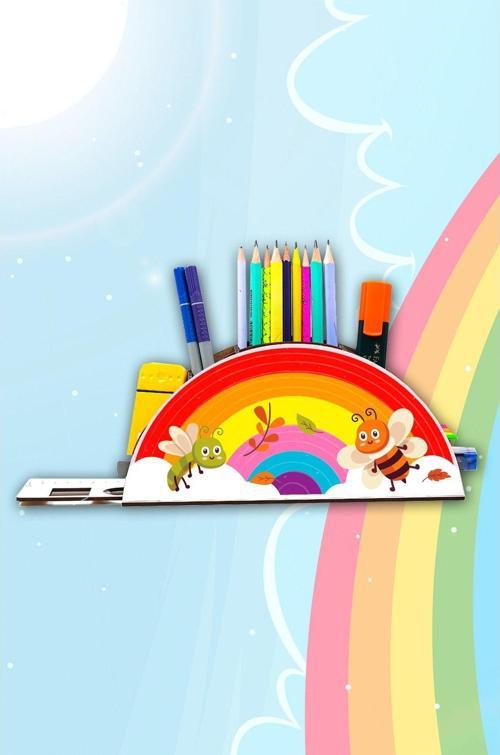 Ahşap Arılar Gökkuşağı Cetvelli Masaüstü Kalemlik Kutu Çocuklar Için Organizer Gk136