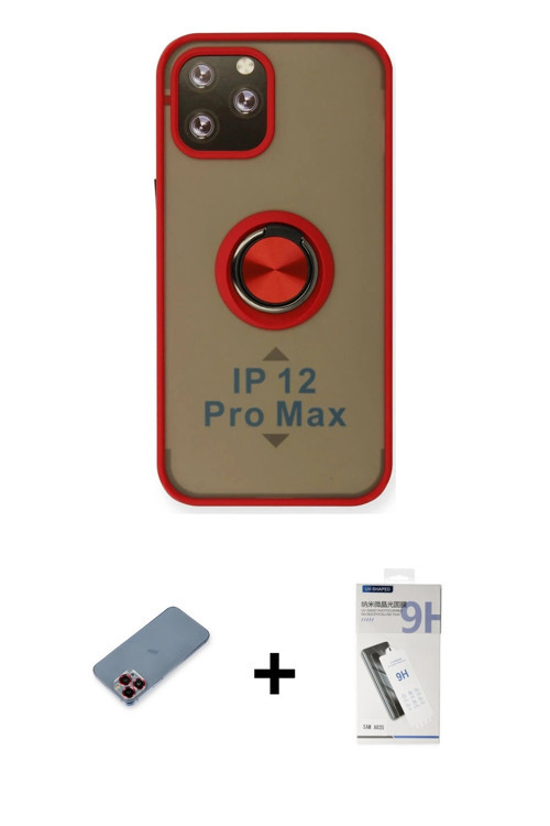 ieg™ iPhone 12 Pro Max Kılıf Yörünge Çizgi - Şeffaf Uv Polymer Nano Ekran Koruyucu + Kırmızı Metal K