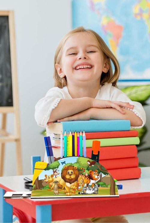 Ahşap Aslan Ve Ekibi Ormanda Gökkuşağı Cetvelli Masaüstü Kalemlik Kutu Çocuklar Organizer Gk14