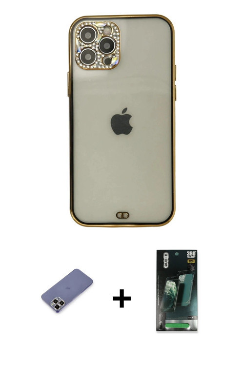 ieg™ iPhone 12 Pro Max Kılıf Eksen Minimal Koleksiyonu - Şeffaf 360 Full Body Arka Koruyucu + Gold M