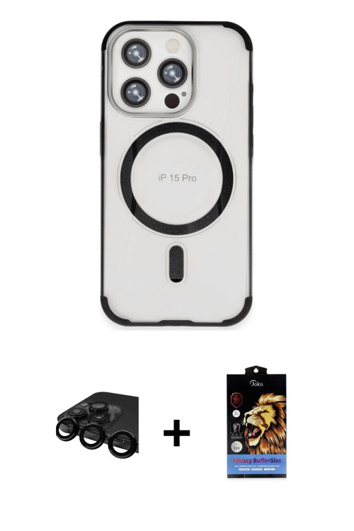 ieg™ iPhone 15 Pro Kılıf Eksen Klasik Koleksiyonu - Siyah Buffer Hayalet Cam Ekran Koruyucu + Siyah