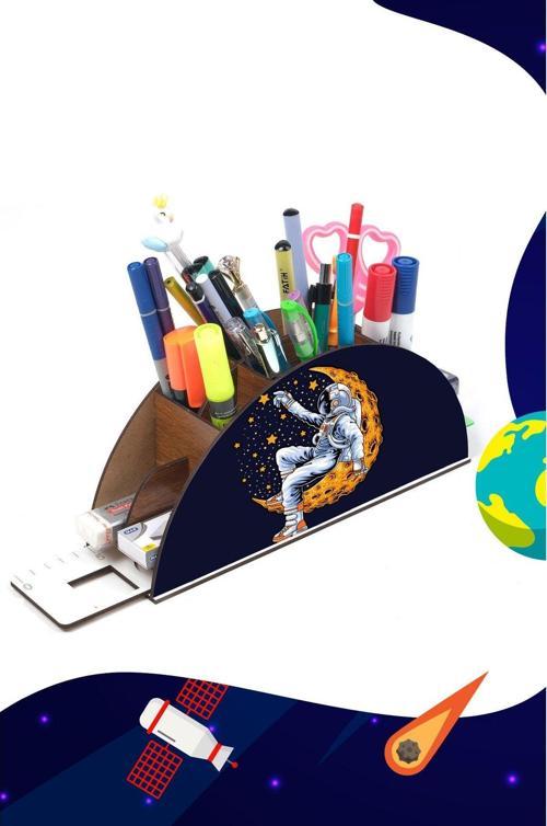 Ahşap Ay Ve Astronot Gökkuşağı Cetvelli Masaüstü Kalemlik Kutu Çocuklar Için Organizer Gk16