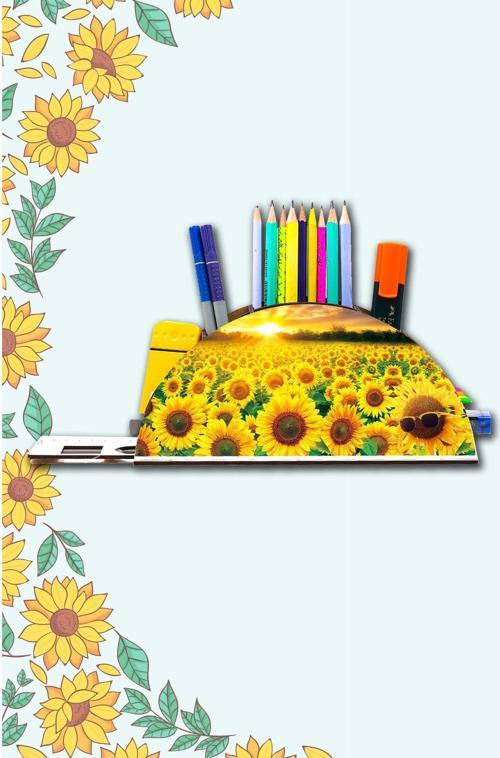 Ahşap Ayçiçekler Gökkuşağı Cetvelli Masaüstü Kalemlik Kutu Organizer Gk133