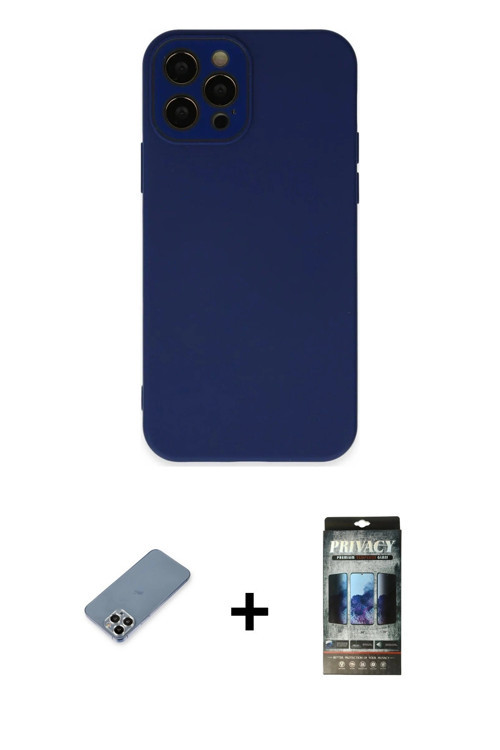 ieg™ iPhone 12 Pro Kılıf Çekirdek Modern Serisi - Siyah 34D Hayalet Izgaralı Cam + Gümüş Metal Kamer