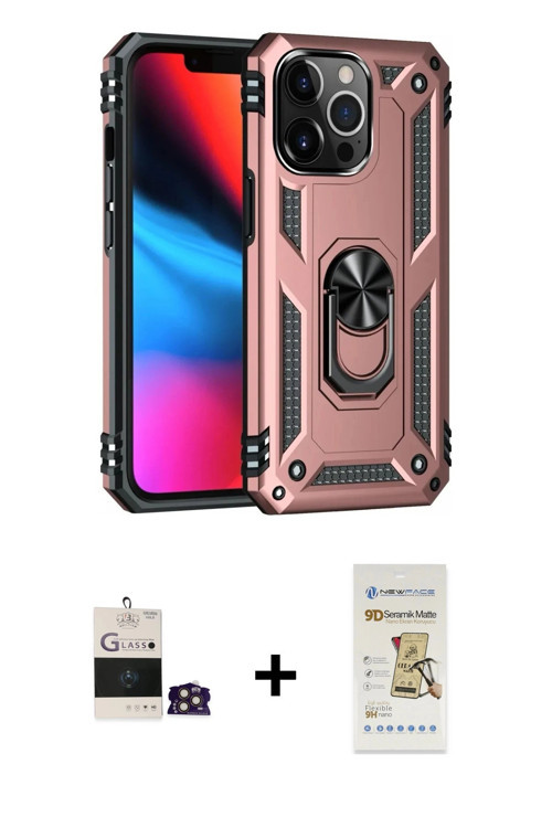 ieg™ iPhone 14 Pro Max Kılıf Ahenk Klasik Koleksiyonu - Siyah Mat Seramik Nano Ekran Koruyucu + Gold
