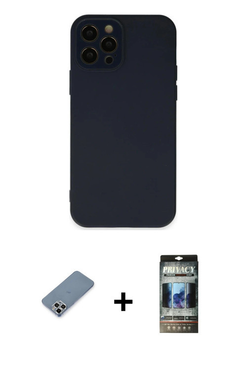ieg™ iPhone 12 Pro Kılıf Çekirdek Modern Serisi - Siyah 34D Hayalet Izgaralı Cam + Gümüş Metal Kamer