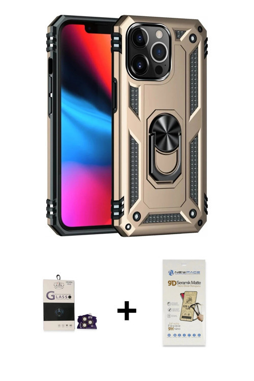 ieg™ iPhone 14 Pro Max Kılıf Ahenk Klasik Koleksiyonu - Siyah Mat Seramik Nano Ekran Koruyucu + Gold