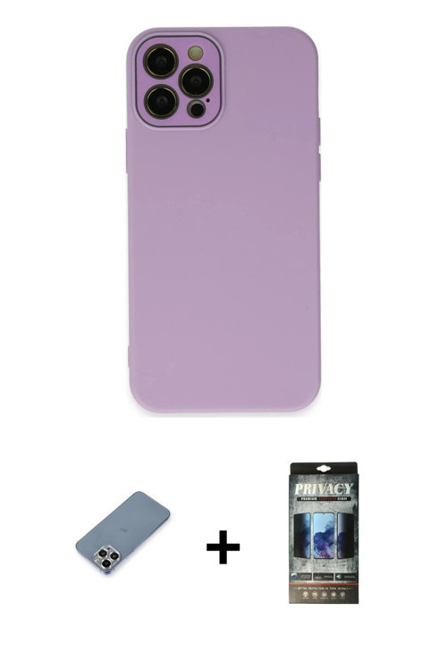 ieg™ iPhone 12 Pro Kılıf Çekirdek Modern Serisi - Siyah 34D Hayalet Izgaralı Cam + Gümüş Metal Kamer