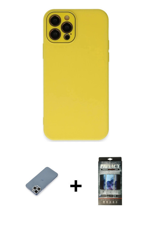 ieg™ iPhone 12 Pro Kılıf Çekirdek Modern Serisi - Siyah 34D Hayalet Izgaralı Cam + Gümüş Metal Kamer