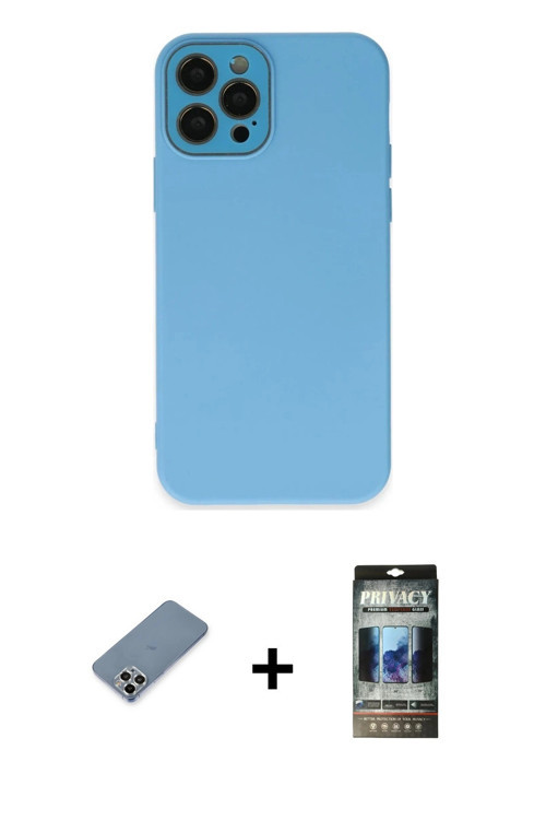 ieg™ iPhone 12 Pro Kılıf Çekirdek Modern Serisi - Siyah 34D Hayalet Izgaralı Cam + Gümüş Metal Kamer