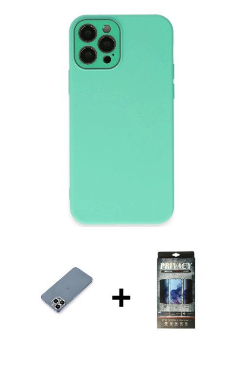 ieg™ iPhone 12 Pro Kılıf Çekirdek Modern Serisi - Siyah 34D Hayalet Izgaralı Cam + Gümüş Metal Kamer