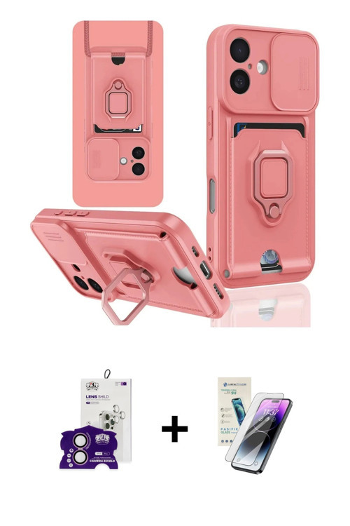 ieg™ iPhone 16 Kılıf Vadi Form Prime - Şeffaf Pasifik Cam Ekran Koruyucu + Pembe Bilvis Titan Kamera