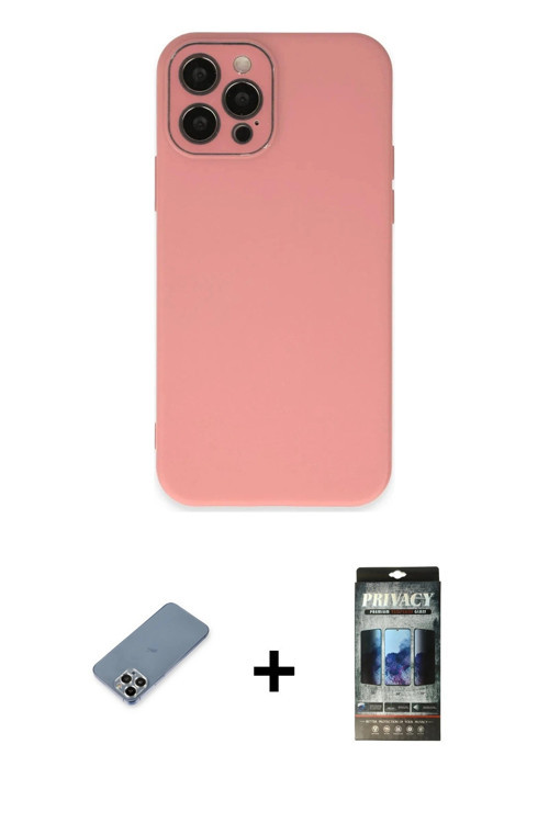ieg™ iPhone 12 Pro Kılıf Çekirdek Modern Serisi - Siyah 34D Hayalet Izgaralı Cam + Gümüş Metal Kamer