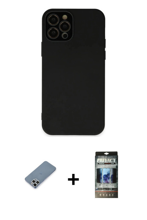 ieg™ iPhone 12 Pro Kılıf Çekirdek Modern Serisi - Siyah 34D Hayalet Izgaralı Cam + Gümüş Metal Kamer