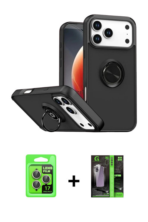 ieg™ iPhone 17 Pro Kılıf Yörünge Çizgi - Siyah 360 Mat Full Body Arka Koruyucu + Gri Raze Metal Kame