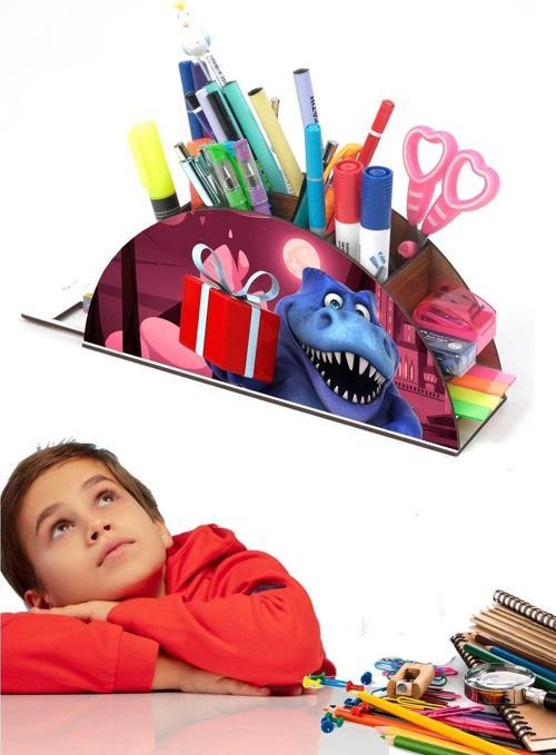 Ahşap Dinazor Trex Mavi Gökkuşağı Cetvelli Masaüstü Kalemlik Kutu Çocuklar Için Organizer Gk19