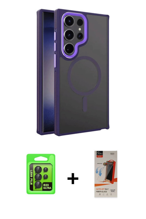 ieg™ Galaxy S23 Ultra Kılıf Yörünge Klasik - Siyah AutoKit 5in1 Fiber Hayalet Cam Ekran Koruyucu + S