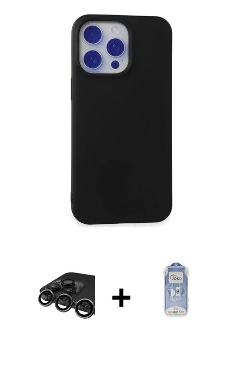 ieg™ iPhone 15 Pro Max Kılıf Ahenk Serisi - Siyah Joko Magic 5D Cam + Titanyum Gri Raze Metal Kamera