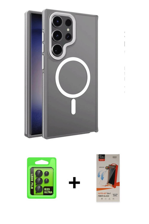 ieg™ Galaxy S23 Ultra Kılıf Yörünge Klasik - Siyah AutoKit 5in1 Fiber Hayalet Cam Ekran Koruyucu + S