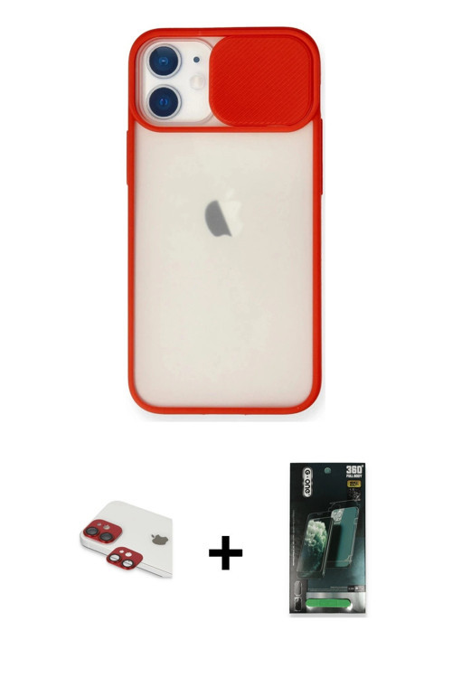 ieg™ iPhone 11 Kılıf Vadi Çizgi - Şeffaf 360 Full Body Arka Koruyucu + Kırmızı Pers Alüminyum Kamera