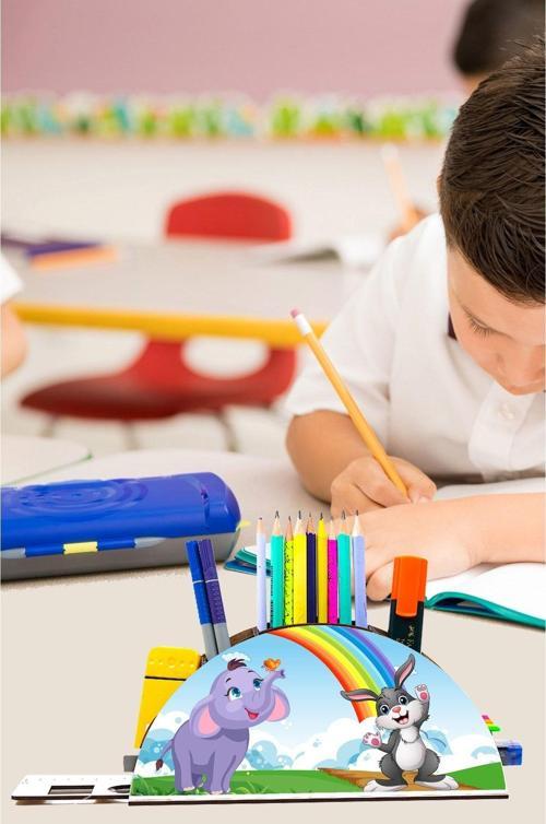 Ahşap Fil Ve Tavşan Gökkuşağı Cetvelli Masaüstü Kalemlik Kutu Çocuklar Için Organizer Gk13