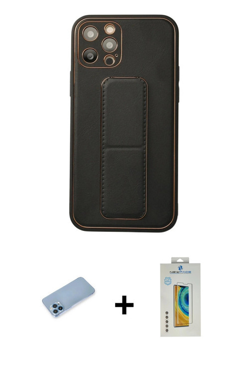 ieg™ iPhone 12 Pro Kılıf Akış Doku - Siyah Polymer Nano Ekran Koruyucu + Mavi Shine Kamera Lens Koru