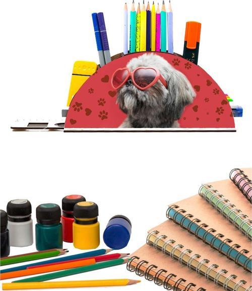 Ahşap Gözlüklü Köpek Gökkuşağı Cetvelli Masaüstü Kalemlik Kutu Çocuklar Için Organizer Gk132