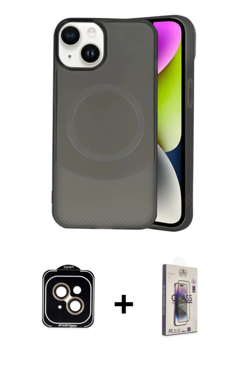 ieg™ iPhone 14 Kılıf Ufuk Serisi - Siyah Bilvis 3D Cam Ekran Koruyucu + Turuncu PVD Metal Kamera Len
