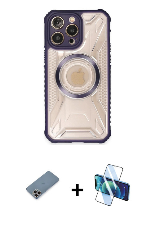 ieg™ iPhone 13 Pro Max Kılıf Kutup Modern - Siyah 3D Antistatik Cam Ekran Koruyucu + Mor Metal Kamer