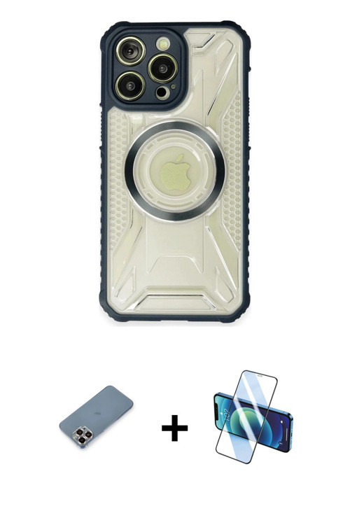 ieg™ iPhone 13 Pro Max Kılıf Kutup Modern - Siyah 3D Antistatik Cam Ekran Koruyucu + Mor Metal Kamer