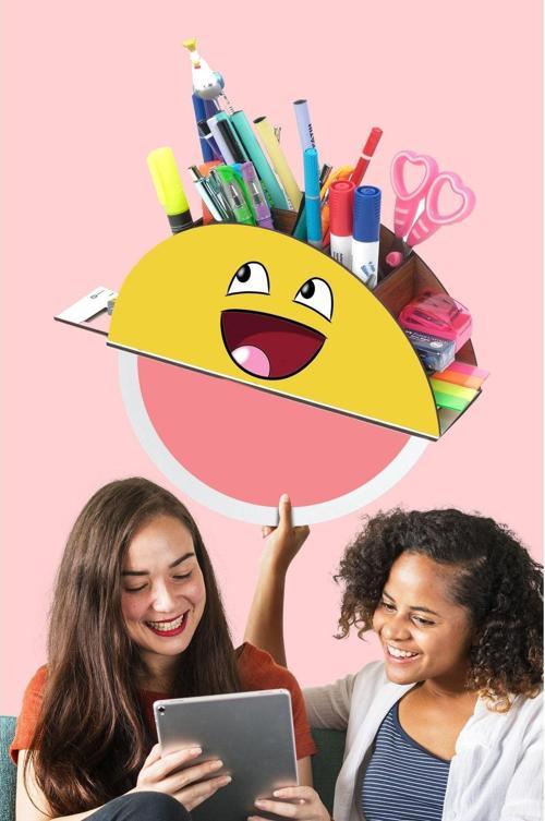 Ahşap Gülen Emoji Gökkuşağı Cetvelli Masaüstü Kalemlik Kutu Çocuklar Için Organizer Gk77