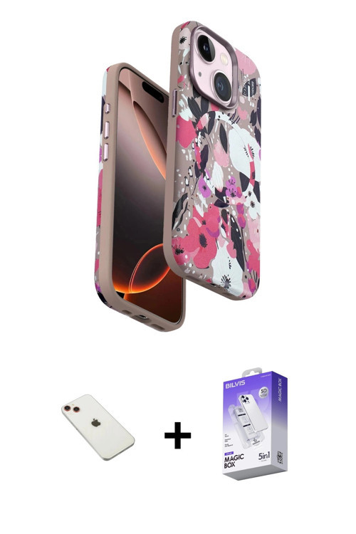 ieg™ iPhone 14 Kılıf Siluet Doku - Siyah Bilvis 5in1 3D Magic Cam Ekran Koruyucu + Kırmızı Diamond K
