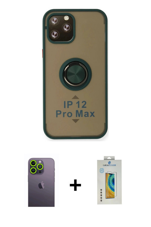 ieg™ iPhone 12 Pro Max Kılıf Yörünge Çizgi - Siyah Polymer Nano Ekran Koruyucu + Yeşil Neon Fosforlu