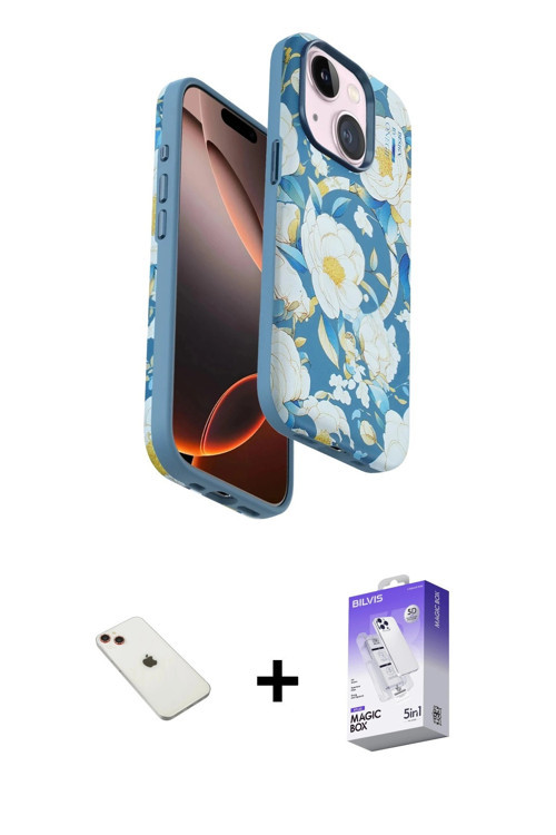 ieg™ iPhone 14 Kılıf Siluet Doku - Siyah Bilvis 5in1 3D Magic Cam Ekran Koruyucu + Kırmızı Diamond K