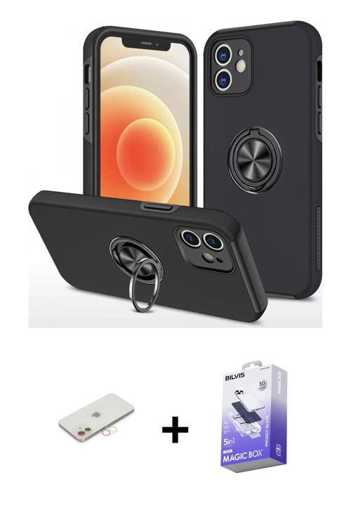 ieg™ iPhone 12 Kılıf Odak Form Prime - Siyah Bilvis 5in1 5D Magic Hayalet Cam Ekran Koruyucu + Yeşil