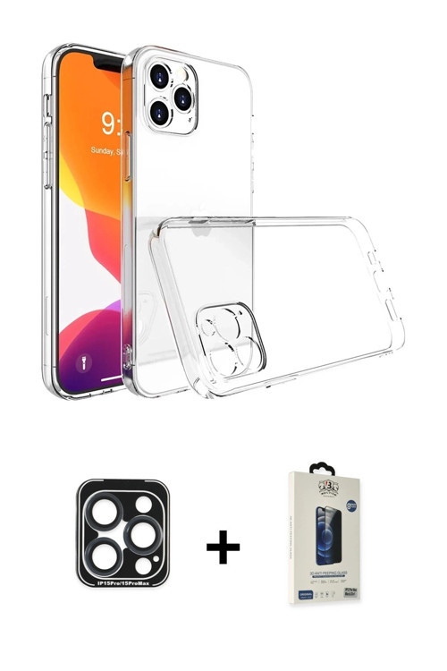ieg™ iPhone 15 Pro Max Kılıf Zirve Doku - Siyah Bilvis Hayalet Cam Ekran Koruyucu + Lacivert PVD Met
